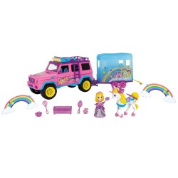 Set Dickie Toys Unicorn Trailer masina Mercedes-Benz AMG 500 cu remorca figurine si accesorii
