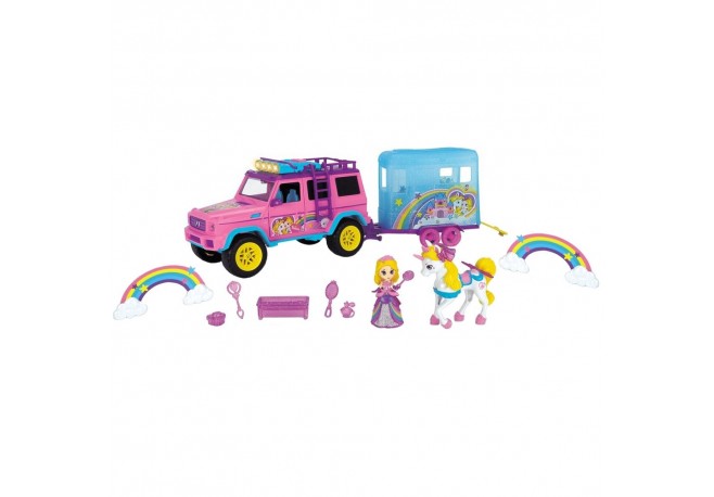 Set Dickie Toys Unicorn Trailer masina Mercedes-Benz AMG 500 cu remorca figurine si accesorii