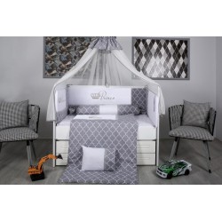 Lenjerie MyKids 10 piese Prince gri-alb cu baldachin 120x60 cm
