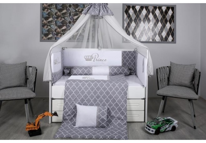 Lenjerie MyKids 10 piese Prince gri-alb cu baldachin 120x60 cm