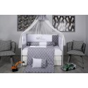Lenjerie MyKids 10 piese Prince gri-alb cu baldachin 120x60 cm
