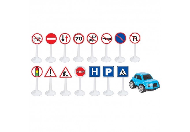 Set Pilsan Jucarie indicatoare rutiere Mini Traffic Signs cu masinuta