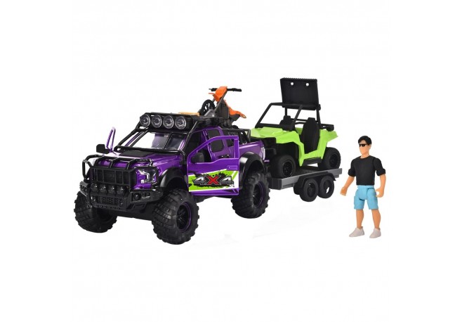 Set Dickie Toys Country Trail 2 masinute motocicleta figurina si remorca