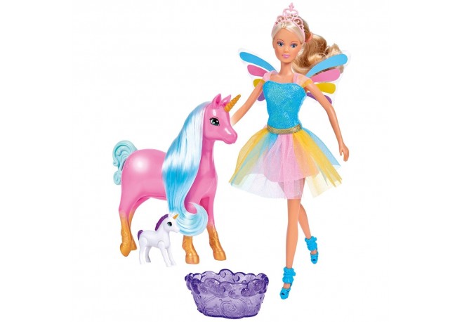Papusa Simba Steffi Love Welcome Unicorn 29 cm cu 2 figurine si cadita