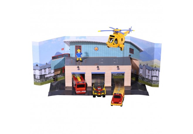 Pista de masini Dickie Toys Fireman Sam Rescue Team Sam Fire cu 3 masinute 1 elicopter si o figurina