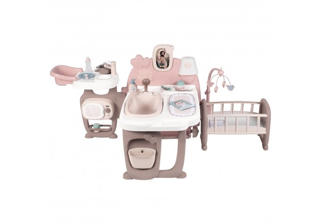 Centru de ingrijire pentru papusi Smoby Baby Nurse Doll`s Play Center maro cu 23 accesorii