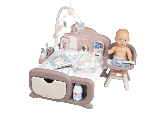 Centru de ingrijire pentru papusi Smoby Baby Nurse Cocoon Nursery maro cu papusa si accesorii