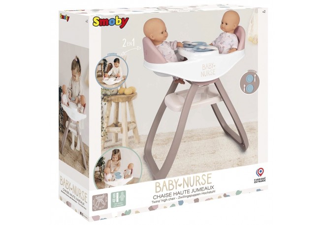 Scaun de masa pentru papusi Smoby Baby Nurse Twin 2 in 1 maro