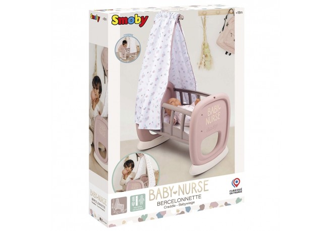 Leagan pentru papusa Smoby Baby Nurse Cradle maro cu baldachin