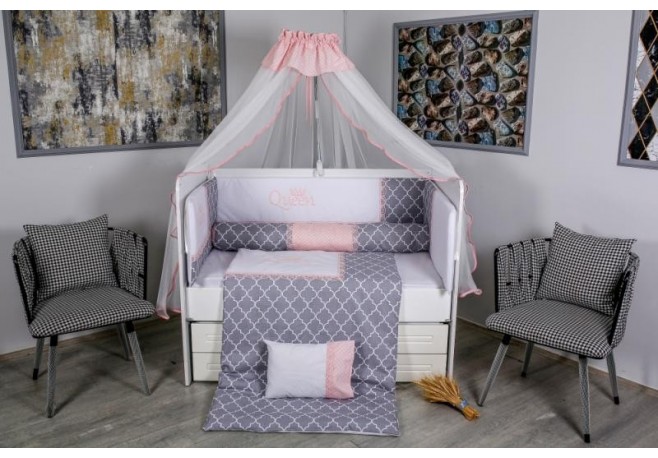 Lenjerie MyKids 10 piese Queen gri-roz cu baldachin 120x60 cm