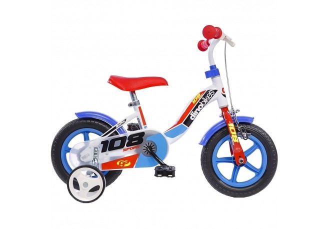 Bicicleta copii Dino Bikes 10 108 Sport alb si albastru cu frana