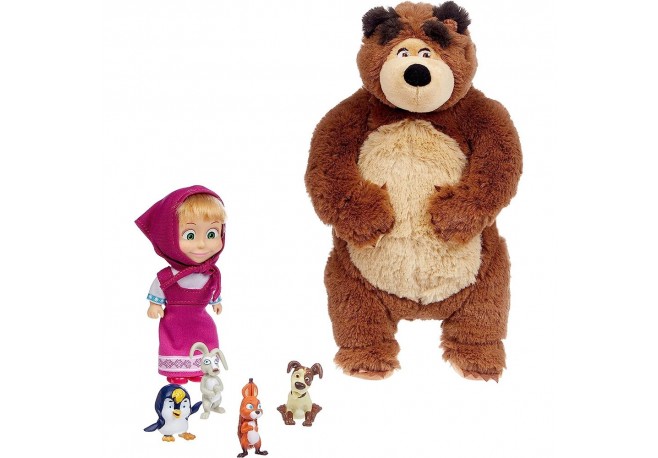 Set Simba Masha and the Bear Masha 12 cm cu ursulet de plus 25 cm si 4 animale
