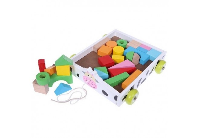 Carucior din lemn Vacuta cu 30 de cuburi Ecotoys 2019