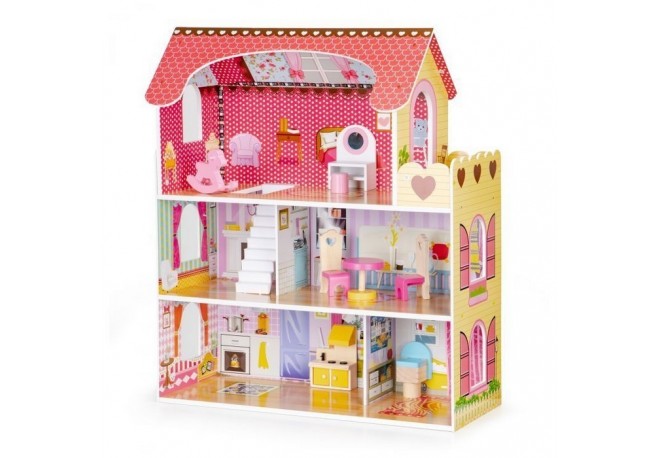 Casuta de papusi din lemn cu iluminare LED + set mobilier Ecotoys HM006395