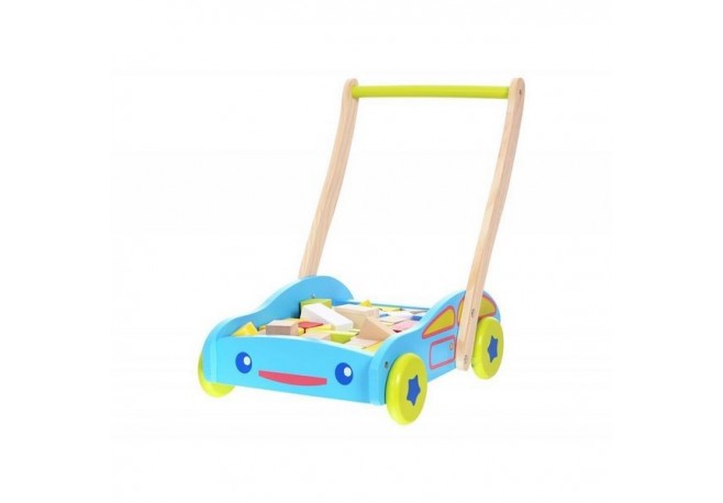Antemergator din lemn + 40 de cuburi 2114 Ecotoys - Albastru