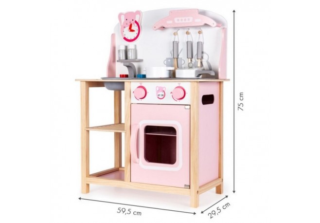 Bucatarie din lemn Ecotoys CA12009 cu sunete + accesorii bucatarie - roz