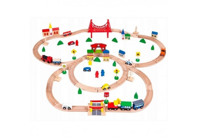 Joc Circuit din lemn ECOTOYS HM014665 cu trenulet si masinute 90 de elemente