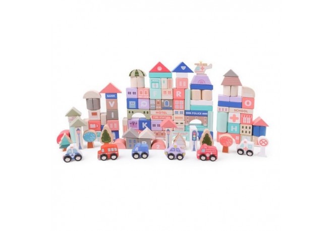 Set cuburi de constructii creative Ecotoys HM015220 din lemn 115 blocuri