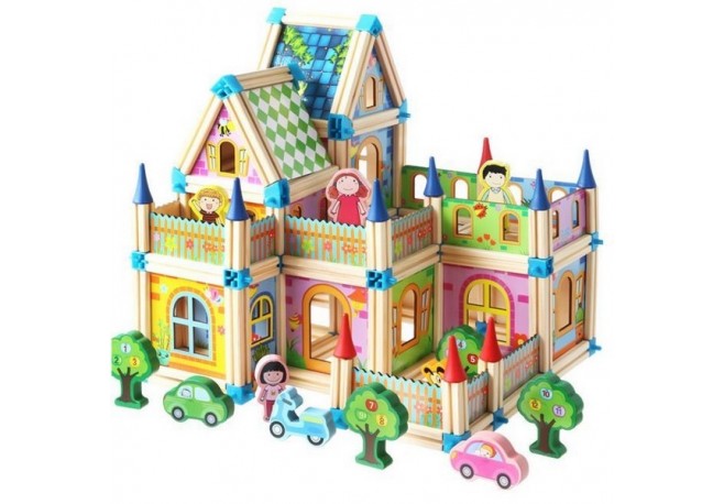 Constructie din lemn tip casuta castel Ecotoys CL024 6 in 1 multicolor