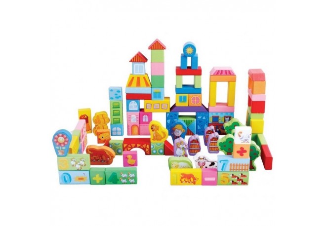 Blocuri de lemn educationale ECOTOYS 100 de piese Ferma