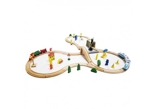 Jucarie cale ferata din lemn cu tren cu baterii Ecotoys HM015147 69 elemente multicolor