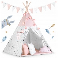 Cort de joaca pentru copii cu ghirlanda lumini si 3 pernite Nukido 120 x 120 x 165 cm - Roz