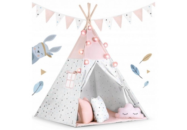 Cort de joaca pentru copii cu ghirlanda lumini si 3 pernite Nukido 120 x 120 x 165 cm - Roz