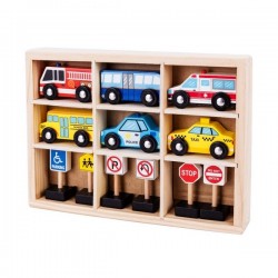 Set masinute si indicatoare rutiere din lemn ECOTOYS cu suport rama