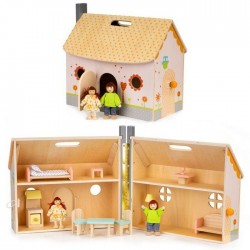 Casuta de papusi din lemn cu mobilier si deschidere Ecotoys 4139