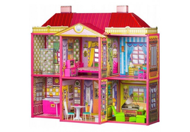 Casuta de papusi cu 128 de elemente din carton si plastic Ecotoys HC33423