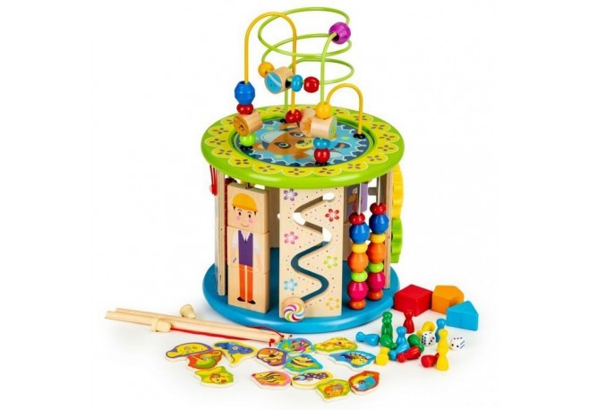 Cub educational din lemn cu jocuri blocuri si pescuit Ecotoys HM175920