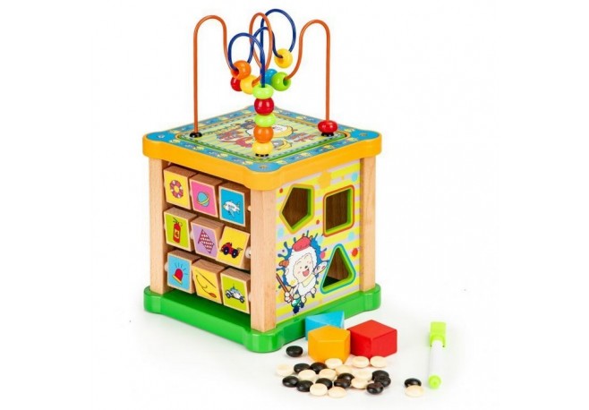 Cub educational din lemn cu tabla Ecotoys HM015473