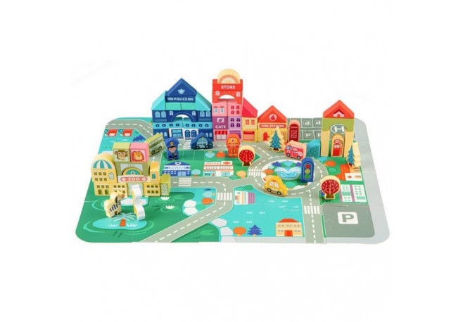 Centru de activitate orasel educational cu blocuri din lemn 120 piese Ecotoys MA426