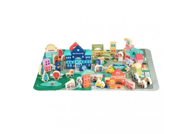 Centru de activitate orasel educational cu blocuri din lemn 121 piese Ecotoys MA427