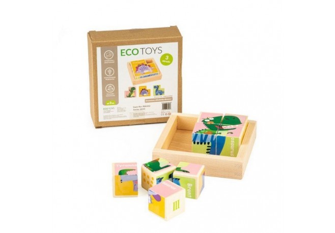Cuburi educationale din lemn tip puzzle cu dinozauri Ecotoys MA442
