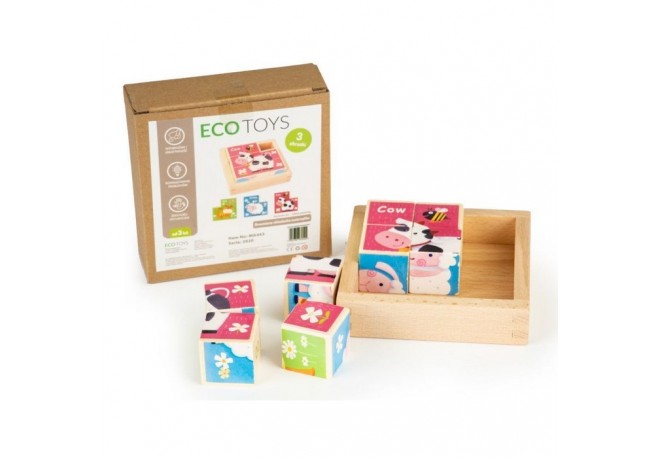 Cuburi educationale din lemn tip puzzle zoo Ecotoys MA443