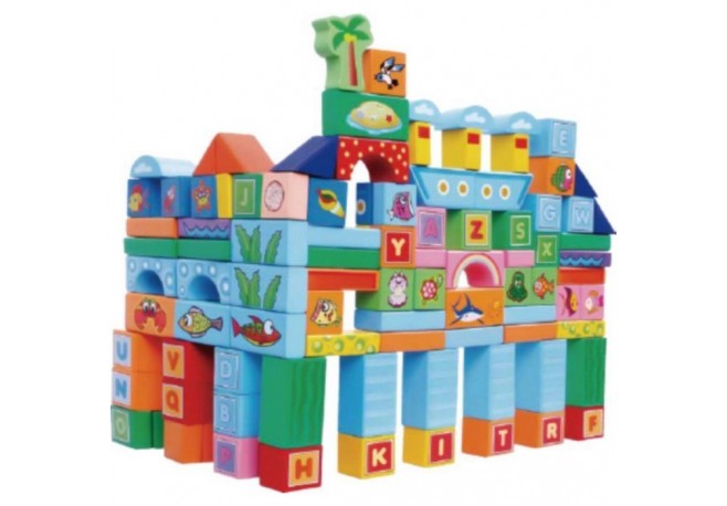 Set educational cu blocuri din lemn 100 piese ocean Ecotoys SR19006
