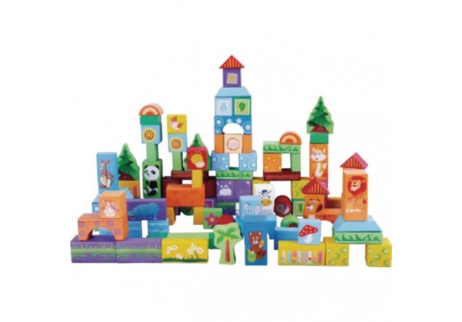 Set educational cu blocuri din lemn 100 piese animalute Ecotoys SR19003