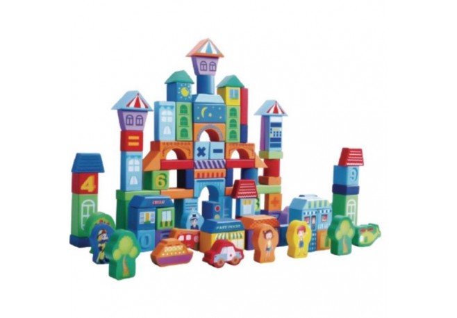 Set educational cu blocuri din lemn 100 piese orasel Ecotoys SR19001