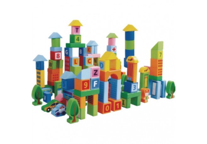 Set educational cu blocuri din lemn 100 piese Ecotoys SR19005