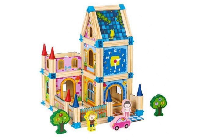 Set de constructii casa 6 in 1 din blocuri din lemn Ecotoys MA429