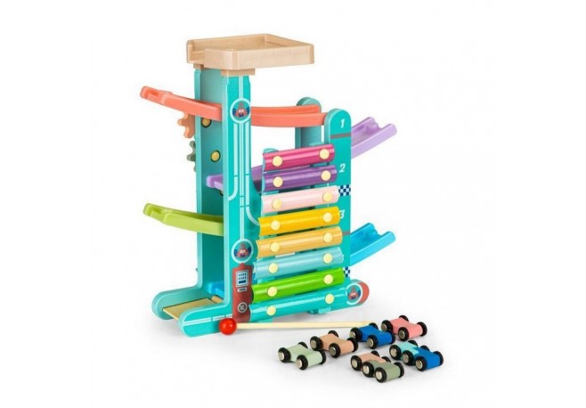 Rampa din lemn cu 6 masinute si tambal Ecotoys ME115