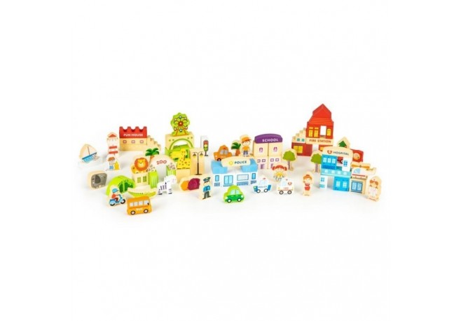 Blocuri din lemn Ecotoys HM015501 Zoo - 120 elemente