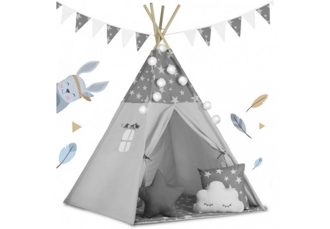 Cort de joaca pentru copii cu ghirlanda si lumini Ricokids 120 x 120 x 165 cm - Gri cu stelute
