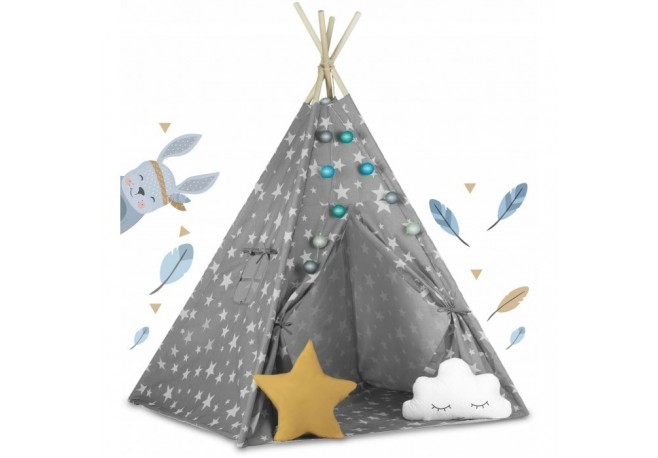 Cort de joaca pentru copii cu lumini Ricokids 120 x 120 x 165 cm - Gri cu stelute