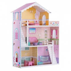 Casuta din lemn pentru papusi cu 3 etaje mobilier si terasa Ricokids 7830 - Roz