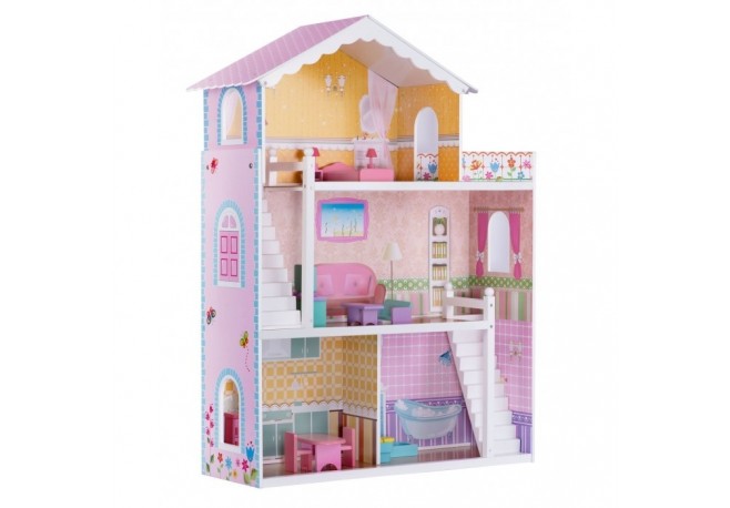 Casuta din lemn pentru papusi cu 3 etaje mobilier si terasa Ricokids 7830 - Roz