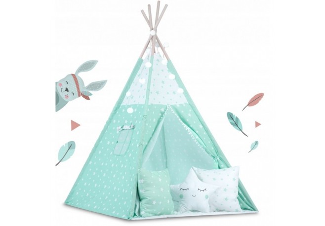 Cort de joaca pentru copii cu ghirlandalumini si 3 pernite Ricokids 740004 120 X 120 X 165 cm - Mint