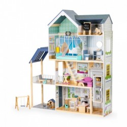 Casuta de papusi XXL din lemn cu mobilier terasa catel si leagan casuta lui Maya Ecotoys 8101
