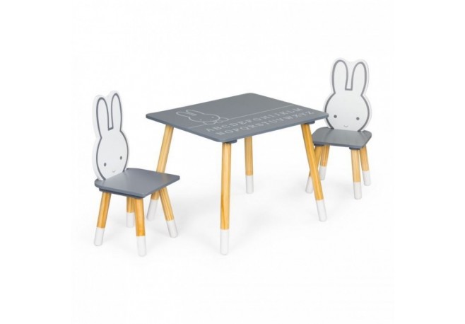 Set de masa cu alfabet si doua scaune in forma de iepuras pentru copii Ecotoys WH141 - Gri si natur